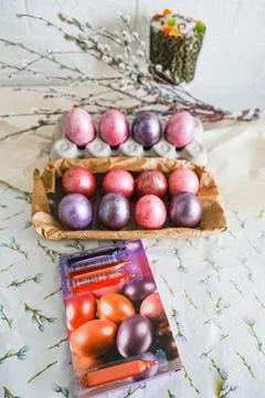 Easter eggs and willow branches on light background Stock Photos