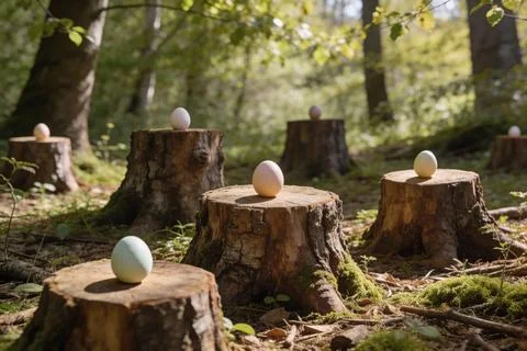 Easter eggs are hidden on tree stumps in a sunlit forest clearing Stock Photos