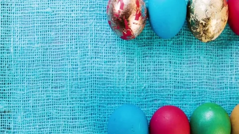 Easter eggs are laid out in two horizontal rows. Stock Footage 86805236