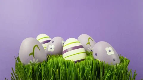 Easter eggs are multicolored on the green natural grass. background backgroun Stock Photos