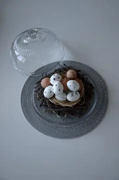 Easter eggs arranged in a nest on the table Foto stock