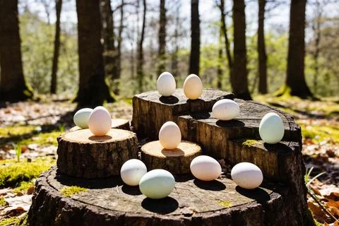 Easter eggs arranged on tree stumps in a sunlit forest setting Stock Photos