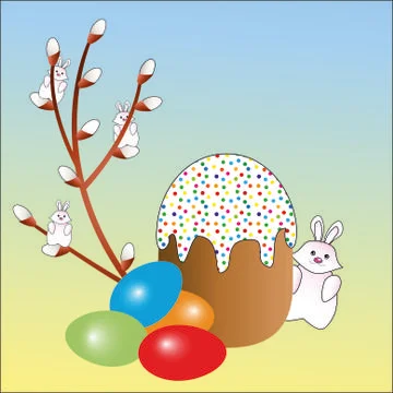 Easter eggs in assortment, an Easter cake and a willow Stock Illustration