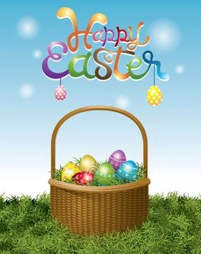 Easter Eggs in Basket and Hanging Eggs Stock Illustration