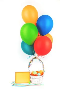 Easter eggs basket with balloons isolated Stock Photos