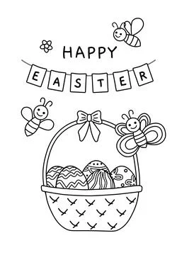 Easter eggs in basket. Black and white wicker of eggs. Vector Illustrazione stock