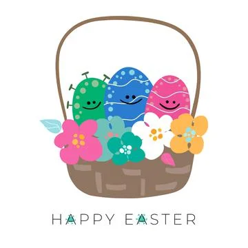 Easter eggs in basket with bright spring flowers and eggs. There is coronavirus Stock-Illustration