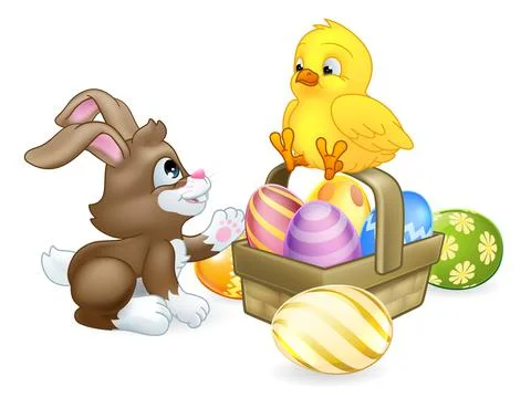 Easter Eggs Basket Bunny Rabbit and Chick Cartoon Illustrazione stock