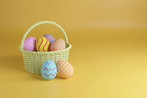 Easter eggs in a basket with copy space. 3d illustration. 스톡 사진