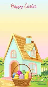 Easter eggs in basket by cozy cottage house Stock Illustration