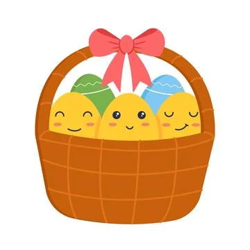 Easter eggs in a basket decorated with a bow. Cute cartoon easter eggs Stock Illustration