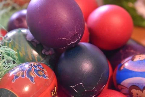 Easter eggs in the basket with decoration  Stock Photos