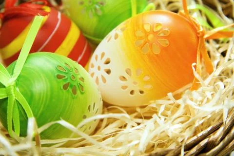 Easter eggs in a basket, easter background Stock Photos