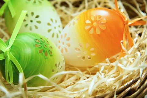 Easter eggs in a basket, easter background Stock Photos