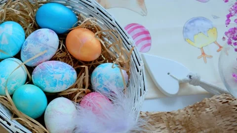 Easter eggs in a basket. Easter composition. Holiday concept. Stock Footage 271532632