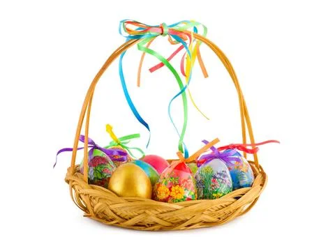 Easter eggs in basket Easter eggs in basket isolated on white background C... Stock Photos