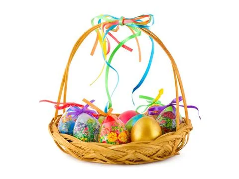Easter eggs in basket Easter eggs in basket isolated on white background C... Stock Photos