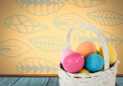 Easter eggs in basket in front of pattern Illustrazione stock