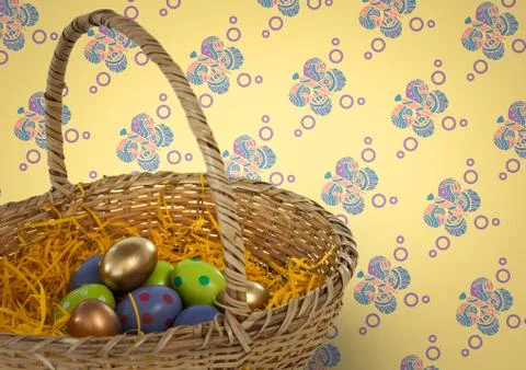 Easter eggs in basket in front of pattern Stock-Fotos