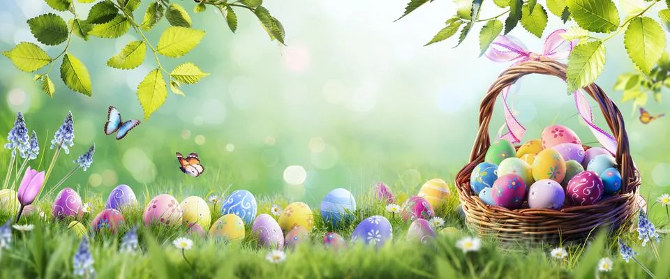 Easter Eggs In Basket On Grass In Spring Green Garden Stock Photos