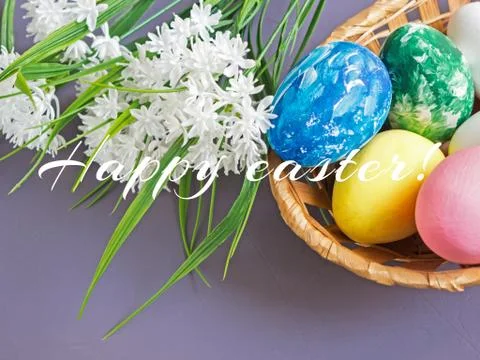 Easter eggs in a basket on a gray background and blooming white flowers Stock Photos