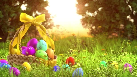 Easter Eggs in a Basket on Green Grass Sunny Background Video stock 151630645