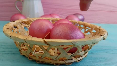 Easter eggs in the basket hand slow-motion shooting Stock Footage 90310070