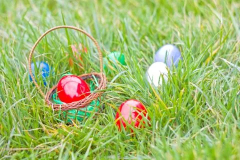 Easter eggs in a basket hidden in the grass Stock Photos