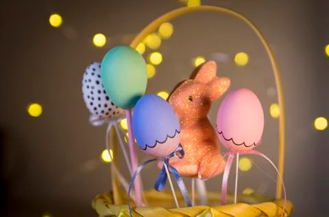 Easter eggs in a basket Stock Photos