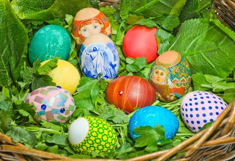 Easter eggs in a basket Stock Photos