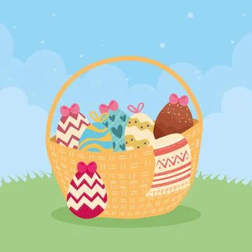 Easter eggs in basket scene Stock Illustration