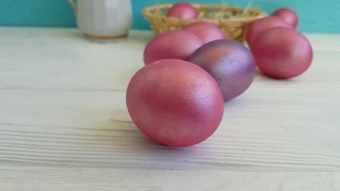 Easter eggs in the basket  slow-motion shooting, spinning Stock Footage 90309233