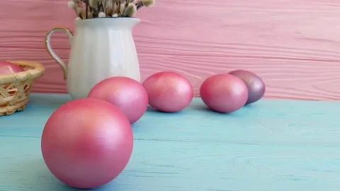 Easter eggs in the basket  slow-motion shooting, spinning Stock Footage 90309656