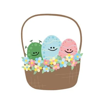 Easter eggs in basket with spring flowers. There is coronavirus, covid 19 look Stock Illustration