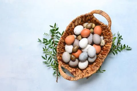 Easter eggs basket, view from above Stock Photos