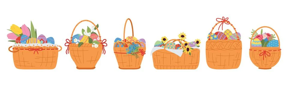 Easter eggs baskets. Color egg in basket with flower. Spring fun holidays 스톡 일러스트