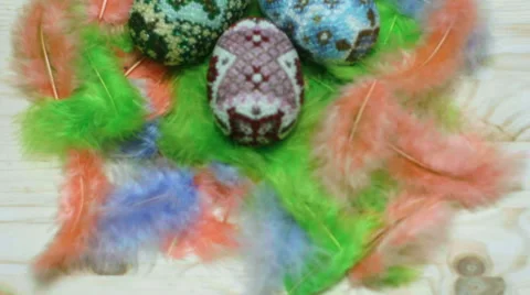 Easter eggs from beads on feather nest Stock Footage 60670711