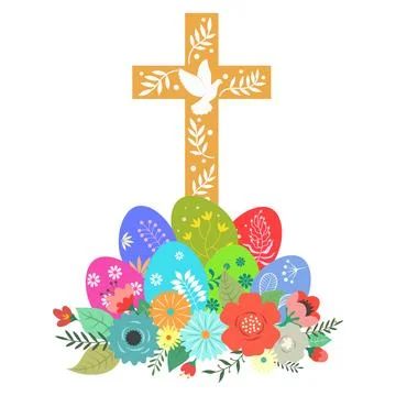 Easter eggs, beautiful flowers and a Christian cross Stock Illustration