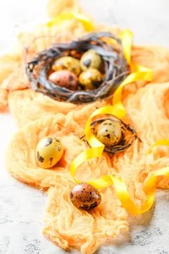 Easter Eggs in bird Nest. Quail easter eggs with feathers in nest on white .. Stock Photos