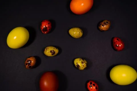 Easter eggs on black background. Copy space Stock Photos