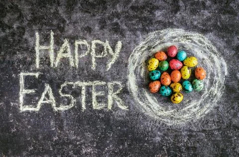 Easter eggs on a black background, Easter concept, text Stock Photos