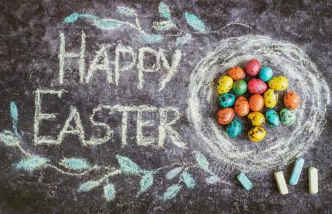 Easter eggs on a black background, Easter concept, text Stock Photos