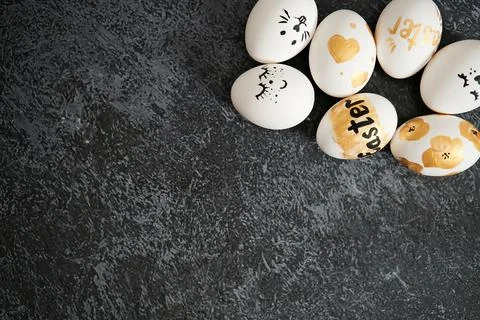 Easter eggs on a black marble background Stock Photos