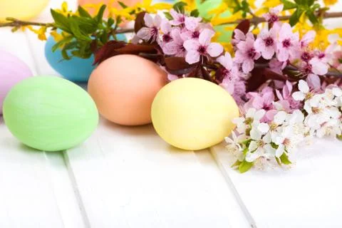 Easter eggs with blooming branch Stock Photos