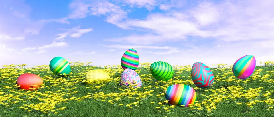 Easter Eggs In Blooming Meadow 3d illustration Stock Illustration