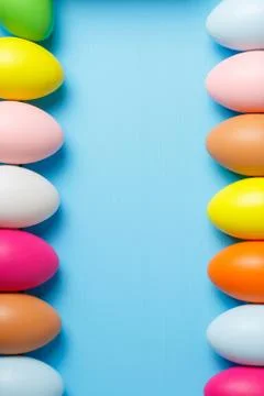 Easter eggs on blue background. Copyspace. Still life photo .Background with Stock-Fotos
