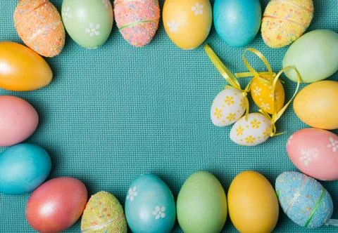Easter eggs on blue background Stock Photos