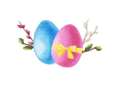 Easter eggs with a bow and willow branches. Hand drawn watercolor illustration. Stock Illustration