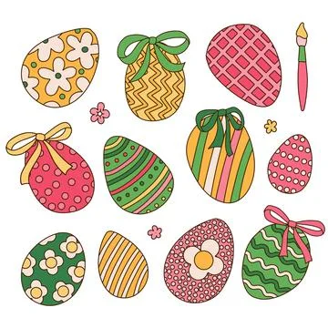 Easter eggs with bows set. Colorful art doodle illustration. Collection of Stock Illustration