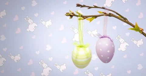 Easter eggs on branch in front of pattern Stock Illustration